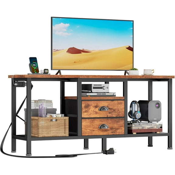 TV Stand with Power Outlet and 2 Fabric Drawers, 42 Inch Small Entertainment Center with Open Storage Shelves, Simple TV Console Table for Bedroom, Living Room, Country Brown