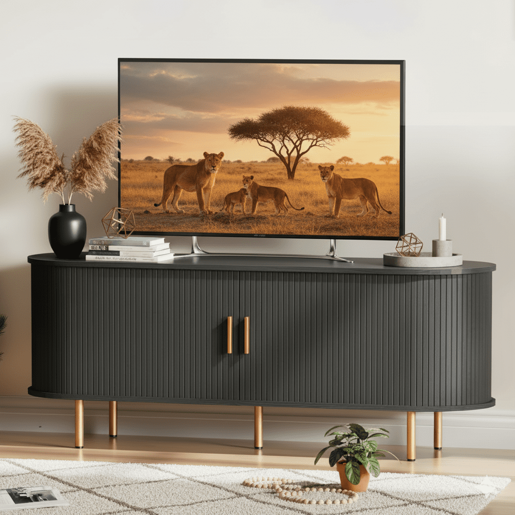TV Stand with Power Outlet for TVs up to 60 Inch, Modern Entertainment Center with Storage, Adjustable Shelves & Sliding Doors, Media Console for Living Room Bedroom (Black, 55 Inch)