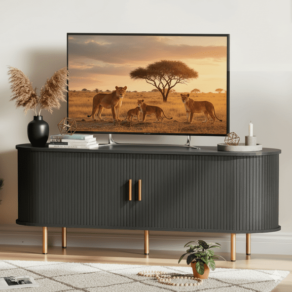 TV Stand with Power Outlet for TVs up to 60 Inch, Modern Entertainment Center with Storage, Adjustable Shelves & Sliding Doors, Media Console for Living Room Bedroom (Black, 55 Inch)