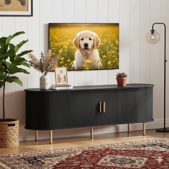 TV Stand with Power Outlet for TVs up to 70 Inch, Modern Entertainment Center with Storage, Adjustable Shelves & Sliding Doors, Media Console for Living Room Bedroom (Black, 63 Inch)