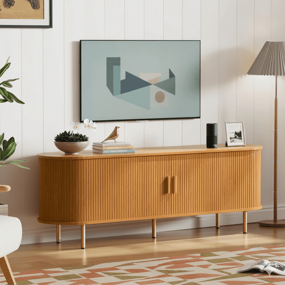 TV Stand with Power Outlet for TVs up to 70 Inch, Modern Entertainment Center with Storage, Adjustable Shelves & Sliding Doors, Media Console for Living Room Bedroom (Yellow Walnut, 63 Inch)