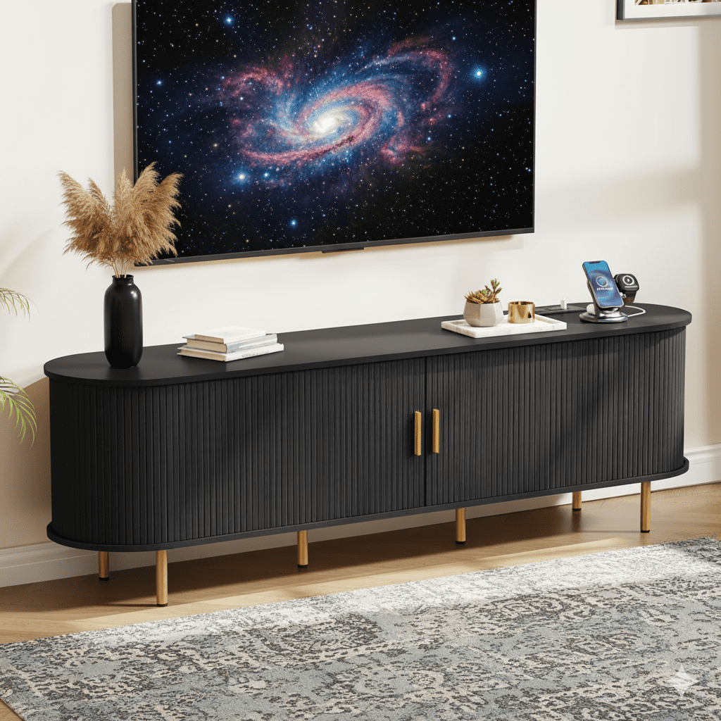TV Stand with Power Outlet for TVs up to 75 Inch, Modern Entertainment Center with Storage, Adjustable Shelves & Sliding Doors, Media Console for Living Room Bedroom (Black, 71 Inch)