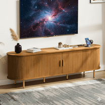 TV Stand with Power Outlet for TVs up to 75 Inch, Modern Entertainment Center with Storage, Adjustable Shelves & Sliding Doors, Media Console for Living Room Bedroom (Yellow Walnut, 71 Inch)