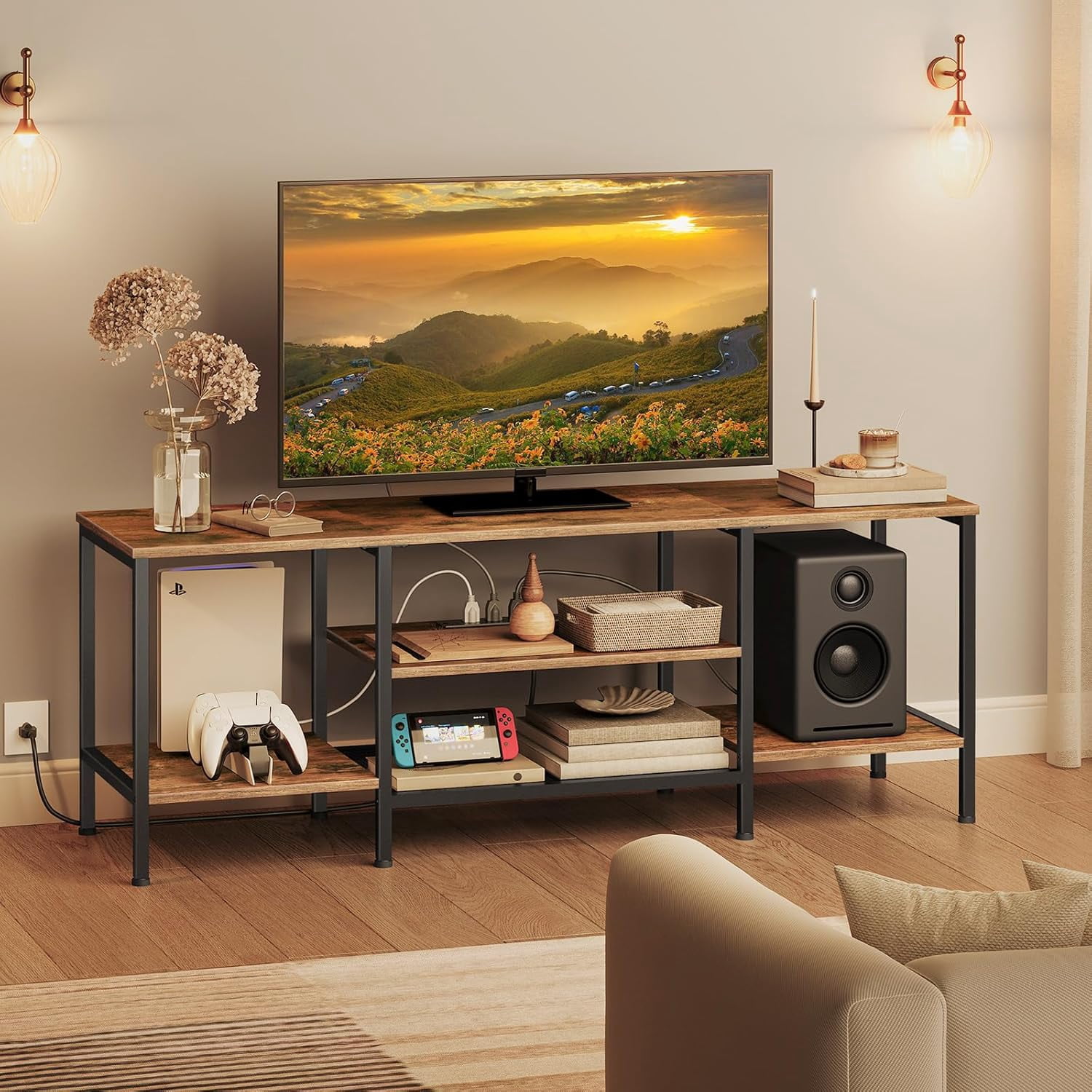 TV Stand with Power Outlets to 65 Inches, TV Console Table with Open ...