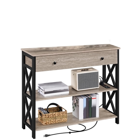 TV Stand with Power Outlets, Entertainment Center with Drawer and Open Storage Shelf for TV up to 45 Inch, Metal Frame Console Table for Bedroom, Living Room, Hallway, Gray