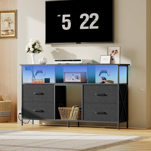 TV Stand with Power Outlets and LED Light, Entertainment Center for 60 Inch TV, Media Console Table with Drawers and Open Shelves for Living Room, Black