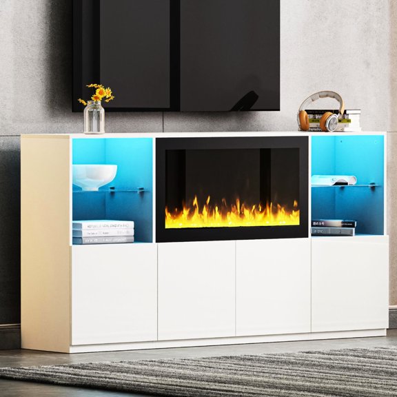 TV Stand for Primary Living Space | 34.2" Non - heating Electric Fireplace and App - controlled LED | MDF and Veneer Finish | Offers Good Storage and Cable Arrangement