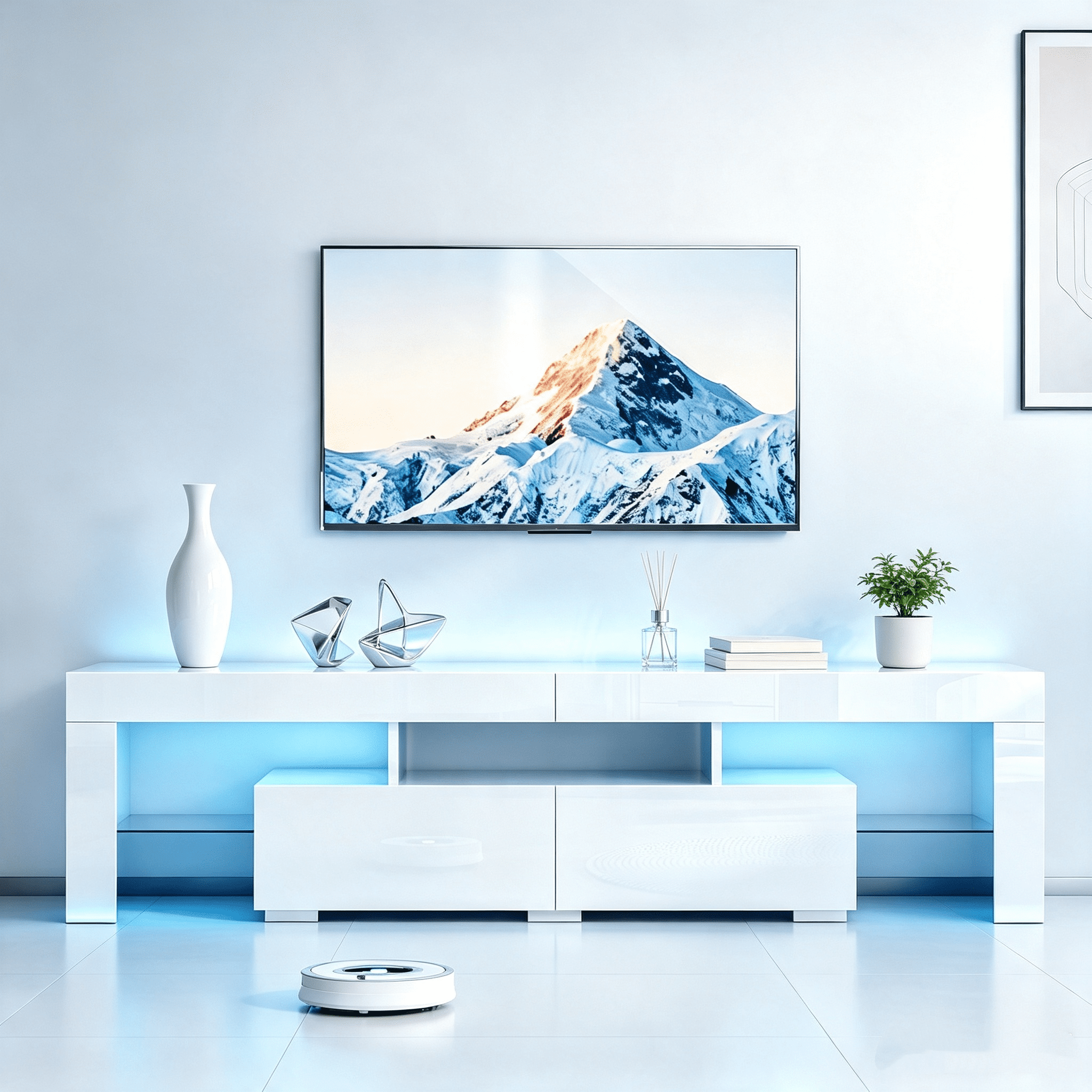 TV Stand with RGB LED Lights, MDF Entertainment Center with 2 Drawers & Tempered Glass Shelves, Modern Media Console Table for TVs Up to 70 Inches, White High Gloss 61.4x13.8x15.7 Inches