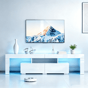 TV Stand with RGB LED Lights, MDF Entertainment Center with 2 Drawers & Tempered Glass Shelves, Modern Media Console Table for TVs Up to 70 Inches, White High Gloss 61.4x13.8x15.7 Inches