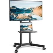 RTVR Rolling Mobile TV Cart Stand on Wheels for 32 to 75 inch Flat Curved Screens, Portable Movable TV Stand with Shelf, Modern Black