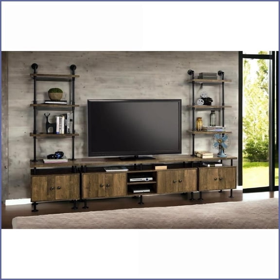 TV Stand, Rustic Oak & Black – Fits 60"" TV, Storage & Cord Management | Oak | Metal,Synthetic Wood