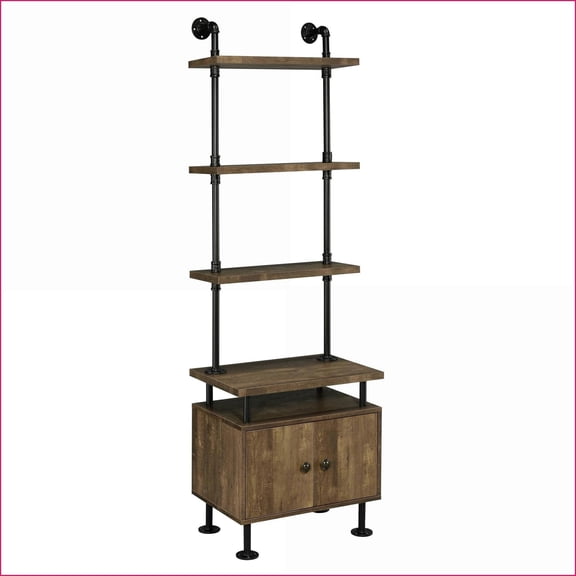 TV Stand Side Pier, Rustic Oak & Black, 70.5"H Open Shelves + Closed Storage, Cord Management | Wood+Metal | Black+Brown