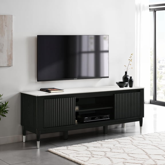 TV Stand with Sintered Stone Top, Contemporary 70.9" Wide Console in Black and White, Engineered Wood and Metal with Silver Capped Arrow Legs and Open Shelves for Primary Living Room