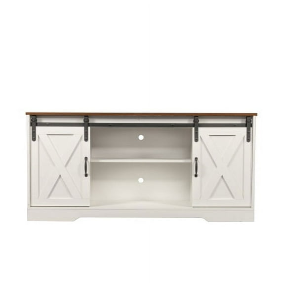 TV Stand Sliding Barn Door Modern&Farmhouse Wood Entertainment Center, Storage Cabinet Table Living Room with Adjustable Shelves for TVs Up to 65", Distressed White&Rustic