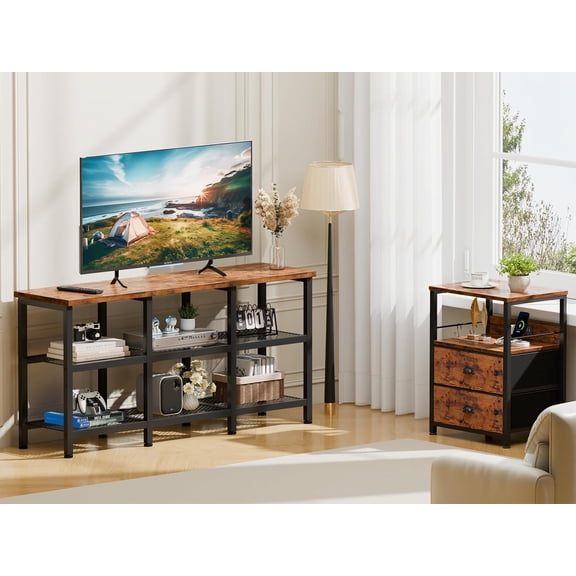 TV Stand, Small Media Console Table with 3-Tier Storage Shelves, Industrial Entertainment Center for TVs up to 50 Inch, Television Stands for Living Room, Bedroom, Rustic Brown