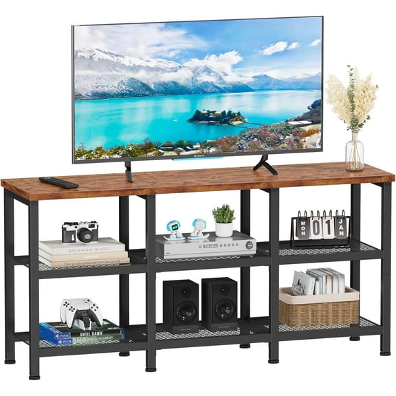 TV Stand, Small Media Console Table with 3-Tier Storage Shelves, Industrial Entertainment Center for TVs up to 50 Inch, Television Stands for  Room, , Rustic Brown
