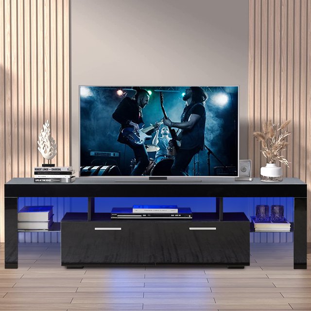 TV Stand with Storage, Black High Gloss TV Console Table for 32'' to 70