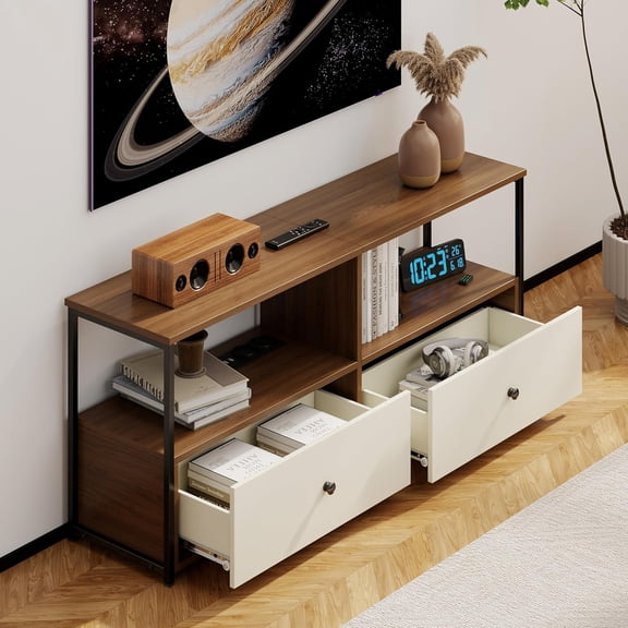 TV Stand with Storage & Power Outlet for 43-55 Inch TV, Modern Wooden Entertainment Center with Drawers & Open Shelves, Sturdy Media Console for Living Room or Bedroom, Espresso