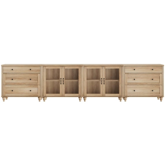 TV Stand for TVs up to 105 Inches, Wooden TV Console Table for 65-90 Inch TVs, Entertainment Center with Glass Door & Drawer, Oak Kitchen Sideboard Buffet Cabinet for Dining Room