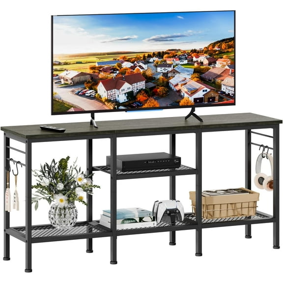 TV Stand for TVs up to 47Inch, Entertainment Center with Open Storage Shelves, Media Console Table with Soundbar Shelf for Living Room, Bedroom, Black Oak