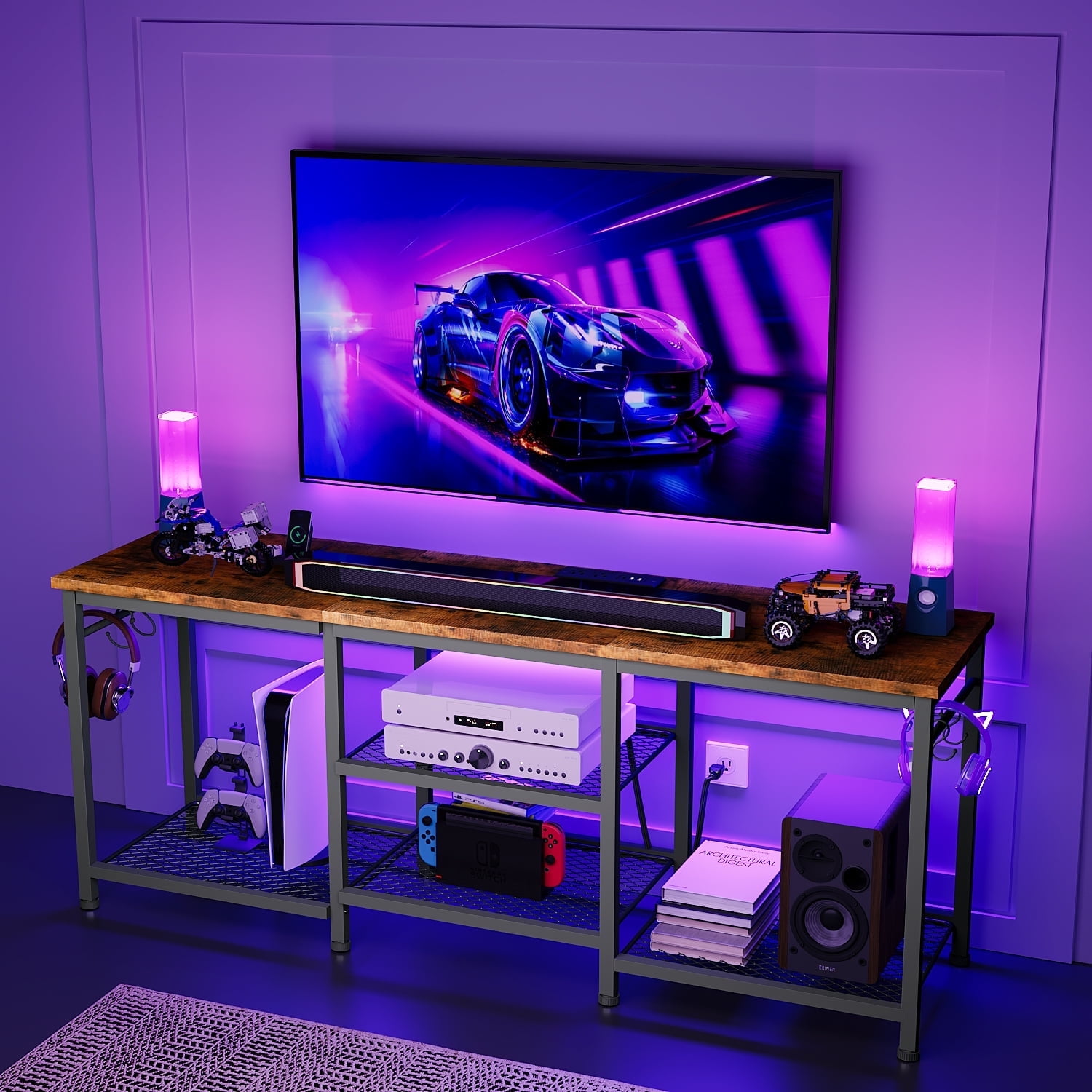 Tomnk TV Stand for TVs up to 55 Inch, Entertainment Center with Open Storage Shelves, Media Console Table with Soundbar Shelf for Living Room, Bedroom, Rustic Brown