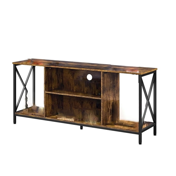 TV Stand for TVs up to 65 Inches, Farmhouse Media Entertainment Center with Storage Shelves, Console Table for Living Room, Game Console Shelf with X-Shape Metal Frame, Rustic Brown
