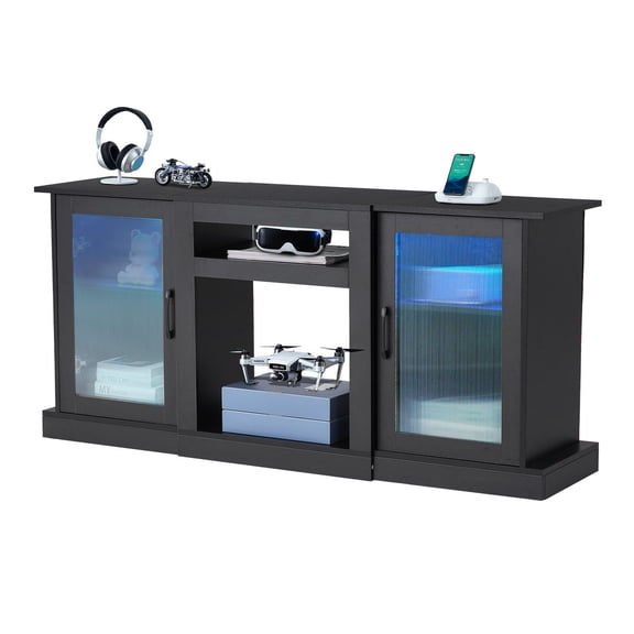 TV Stand for TVs up to 65 Inches, Modern Entertainment Center with Built-in LED Lights, Wood TV Cabinet with Glass Doors & Adjustable Shelves, Media Console for Living Room & Bedroom, Black