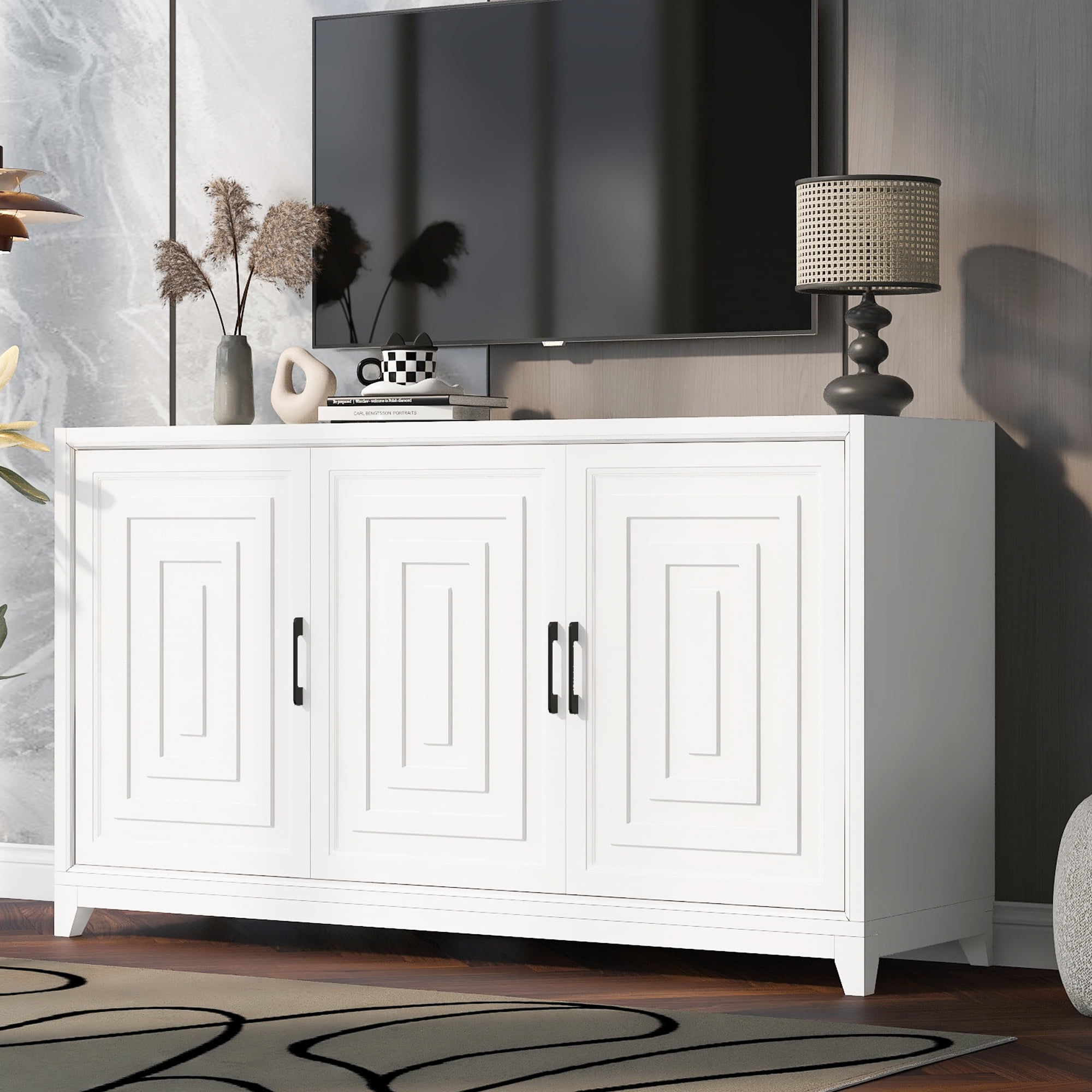 TV Stand for TVs up to 65 Inches, Modern Entertainment Center Media Console Cabinet with 2 Spacious Storage Space, Solid Wood Legs for Living room(Same SKU:N724P206551K)
