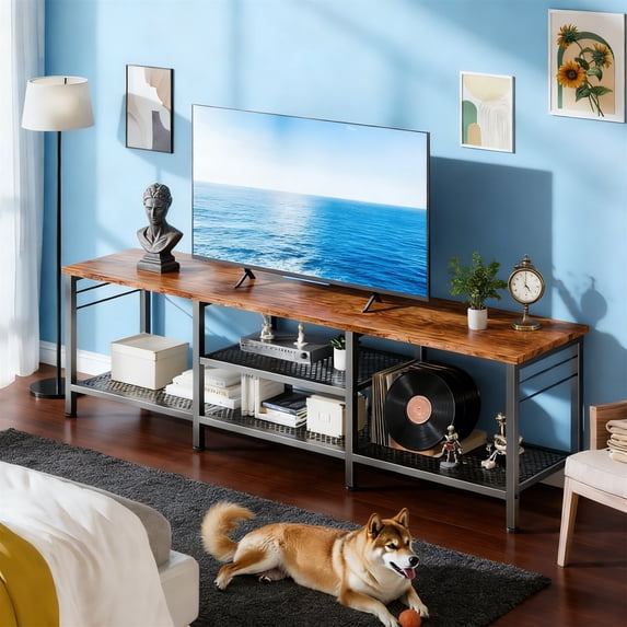 TV Stand for TVs up to 70 Inch, 63 Inch Entertainment Center with Open Storage Shelves, Television Stand with Soundbar Shelf for Living Room, Bedroom, Rustic Brown