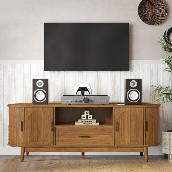 TV Stand for for TVs up to 70 Inch, 63" TV Console with Drawer and Fluted Doors, Modern Mid Century Entertainment Center for Living Room Bedroom, Walnut