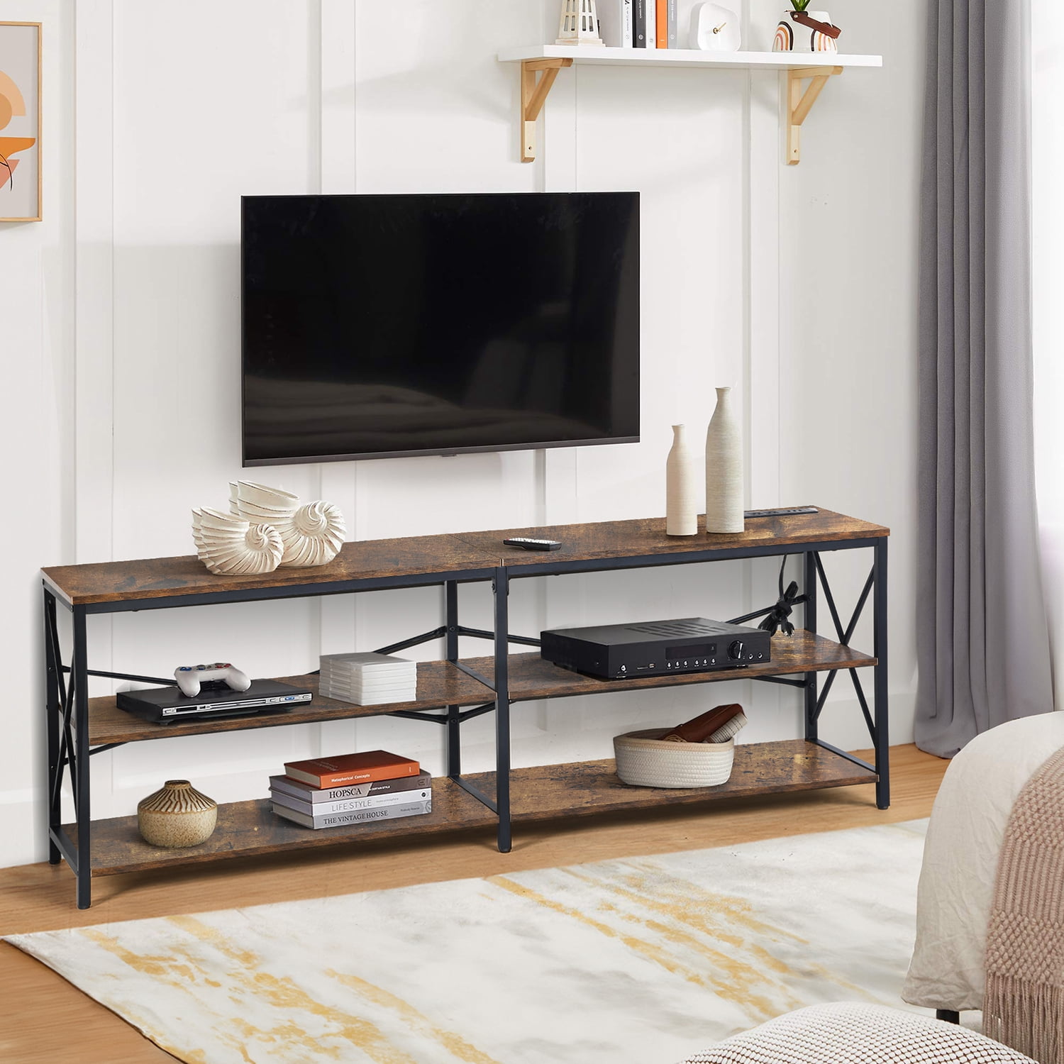 TV Stand for TVs up to 70 Inch, Industrial Entertainment Center with RGB LED Light, 3-Tier Storage Media Console, 150lbs Capacity for Living Room Bedroom