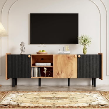 Merax Modern 3 Piece TV Stand With 2 Bookshelves For TVs Up To 70'', Mid-Century Solid Wood Entertainment Center With Storage Cabinets, Practical Media Console For Living Room, Bedroom, Black