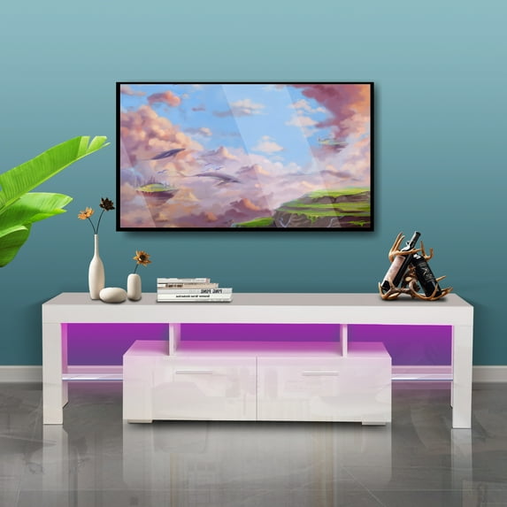 TV Stand for TVs up to 70 inch, Modern TV Cabinet with 16 Colors LED Lights, High Gloss TV Console Table with 2 Drawers and Shelves, Media Console Entertainment Cabinet for Living Room, White, D3595