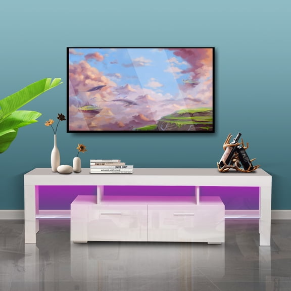 TV Stand for TVs up to 70 inch, Modern TV Cabinet with 16 Colors LED Lights, High Gloss TV Console Table with 2 Drawers and Shelves, Media Console Entertainment Cabinet for Living Room, White, D3595