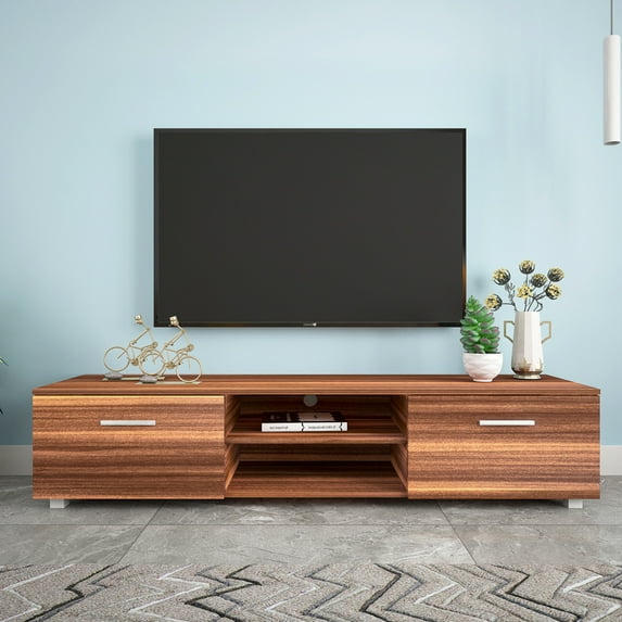 TV Stand for TVs up to 70 inch, Modern Style TV Cabinet with Double Doors and 2-Tier Open Shelves, Wood Entertainment Center TV Stand, Media Center Table for Living Room, Bedroom, Walnut, D4647
