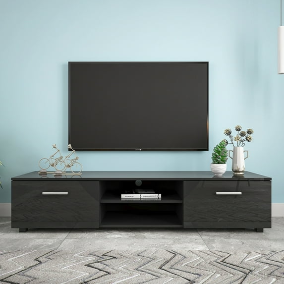 TV Stand for TVs up to 70 inch, SYNGAR Modern TV Cabinet with Double Doors and 2-Tier Open Shelves, Wood Entertainment Center TV Stand, Media Center Table for Living Room, Bedroom, Black, D4660