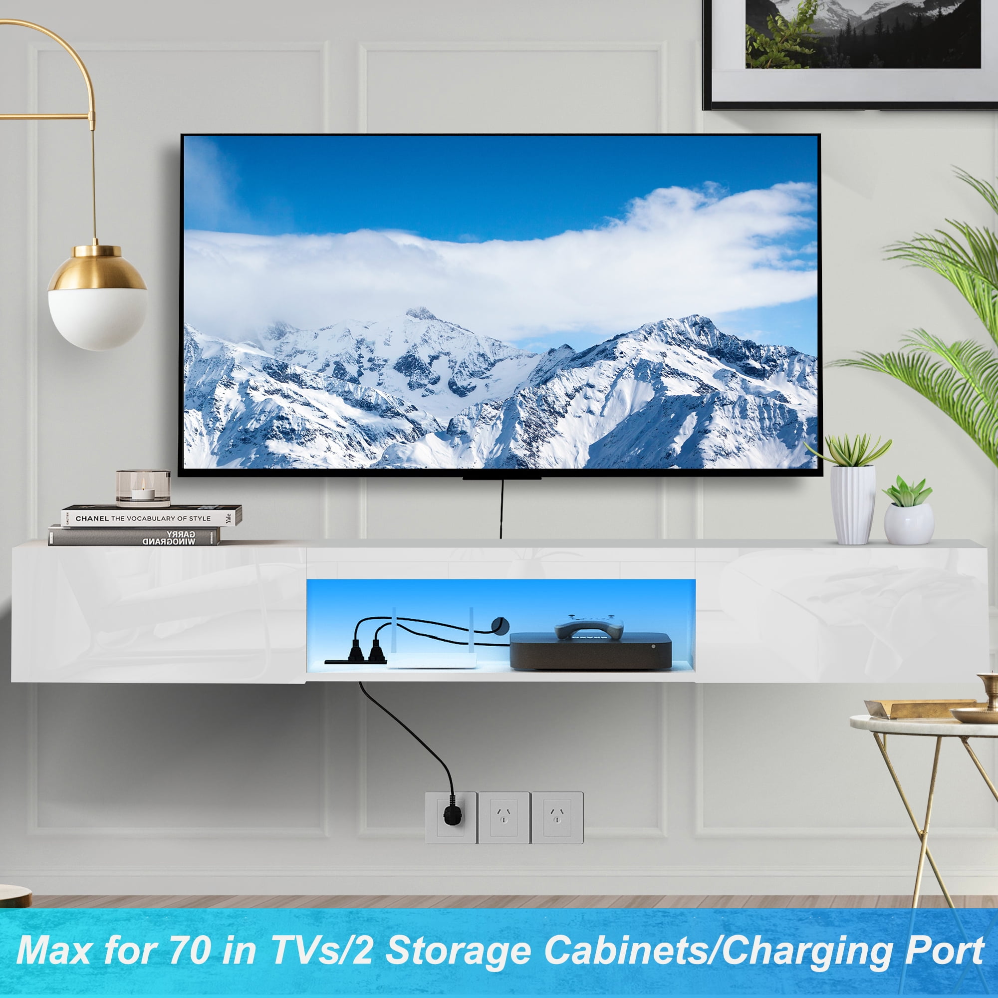 TV Stand for TVs up to 70in, HSUNNS High Gloss Floating TV Stand with Charging Port and LED