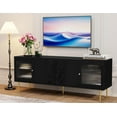 thumbnail image 1 of TV Stand for TVs up to 75", Mid Century Modern TV Console with 3D Flower Pattern, Wood Entertainment Center with 2 Fluted Glass Doors, Media Console Table with Storage for Living Room, Black, 1 of 17