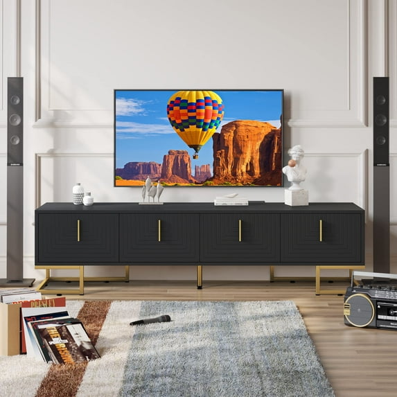 TV Stand for TVs up to 80", Atumon TV Console, Modern TV Cabinet with 4 Doors, Entertainment Center with Adjustable Metal Legs and Shelves, Television Stand Furniture for Living Room Bedroom, Black
