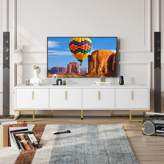 TV Stand for TVs up to 80", Atumon TV Console, Modern TV Cabinet with 4 Doors, Entertainment Center with Adjustable Metal Legs and Shelves, Television Stand Furniture for Living Room Bedroom, White
