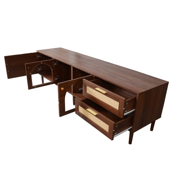 TV Stand for TVs up to 80", Entertainment Center with App Controlled LED Lights, Media Console with Rattan Doors & Drawers, Modern TV Cabinet for Living Room, Dark Brown
