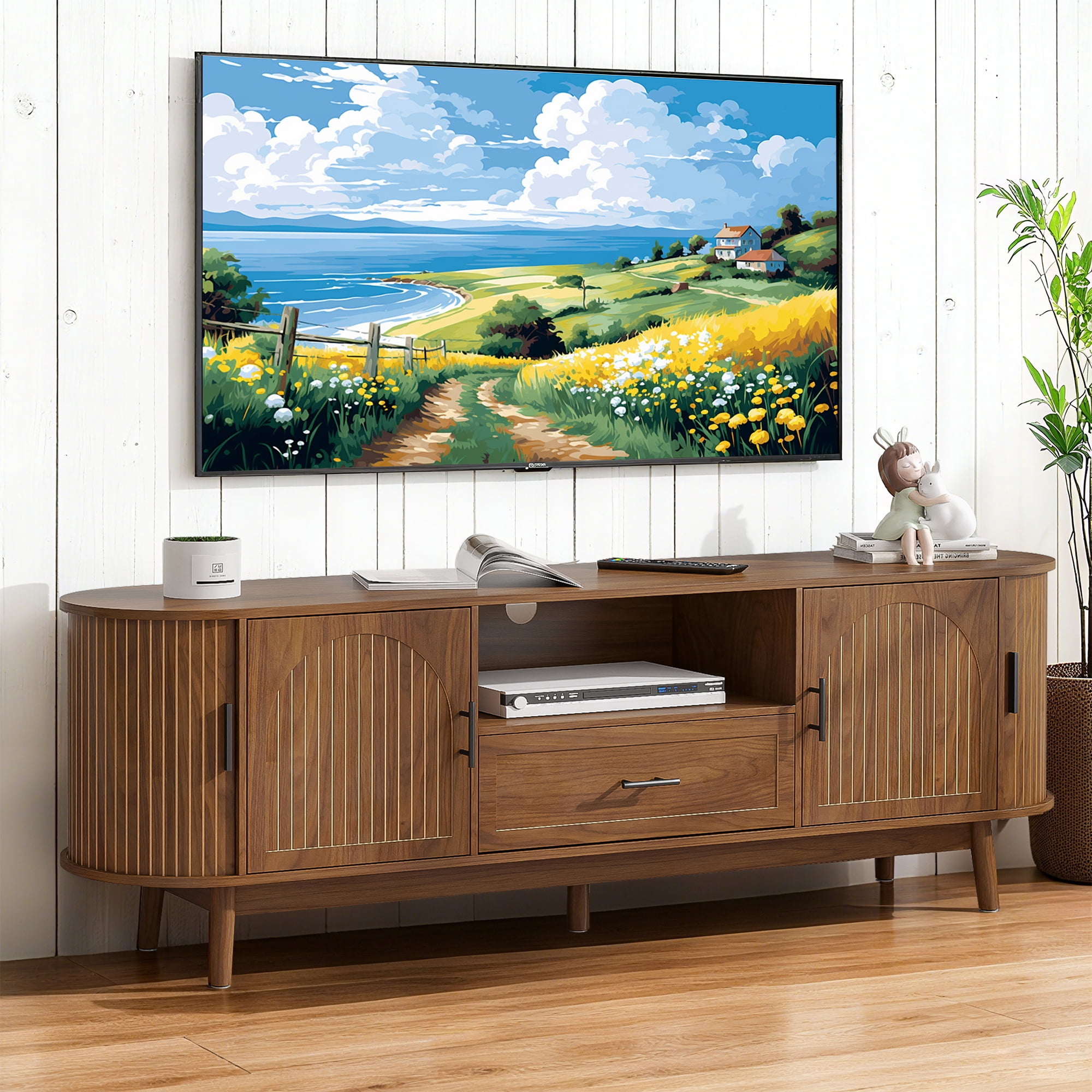 TV Stand for for TVs up to 80 Inch, 70" TV Console with Drawer and Fluted Doors, Modern Mid Century Entertainment Center for Living Room Bedroom, Walnut