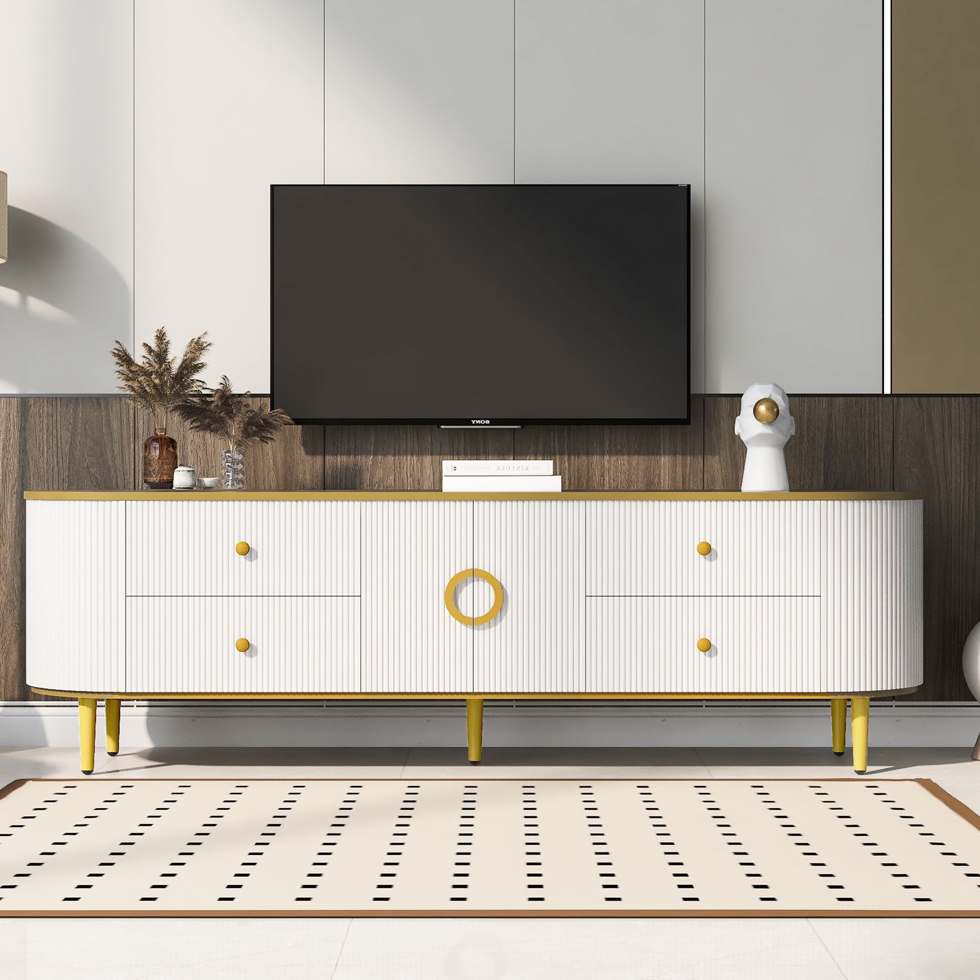TV Stand for TVs up to 80 Inches, Entertainment Center with 4 Drawers and 1 Cabinet, Wood TV Console Table with Metal Legs and Handles for Living room