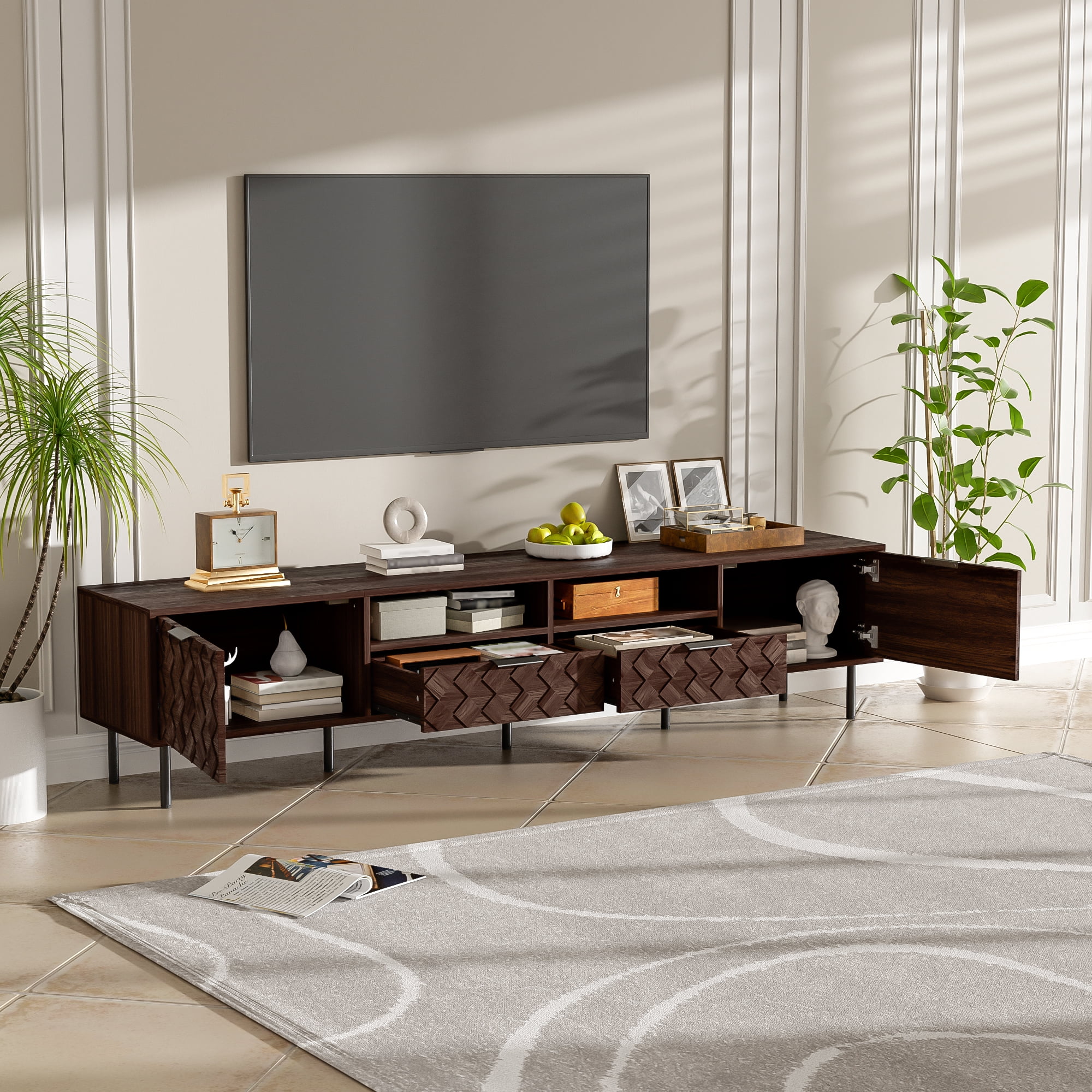 TV Stand for TVs up to 85 Inch, Entertainment Center with 3D Diamond Interwoven Doors & Cable Management, Media Console with Iron Legs for Living Room