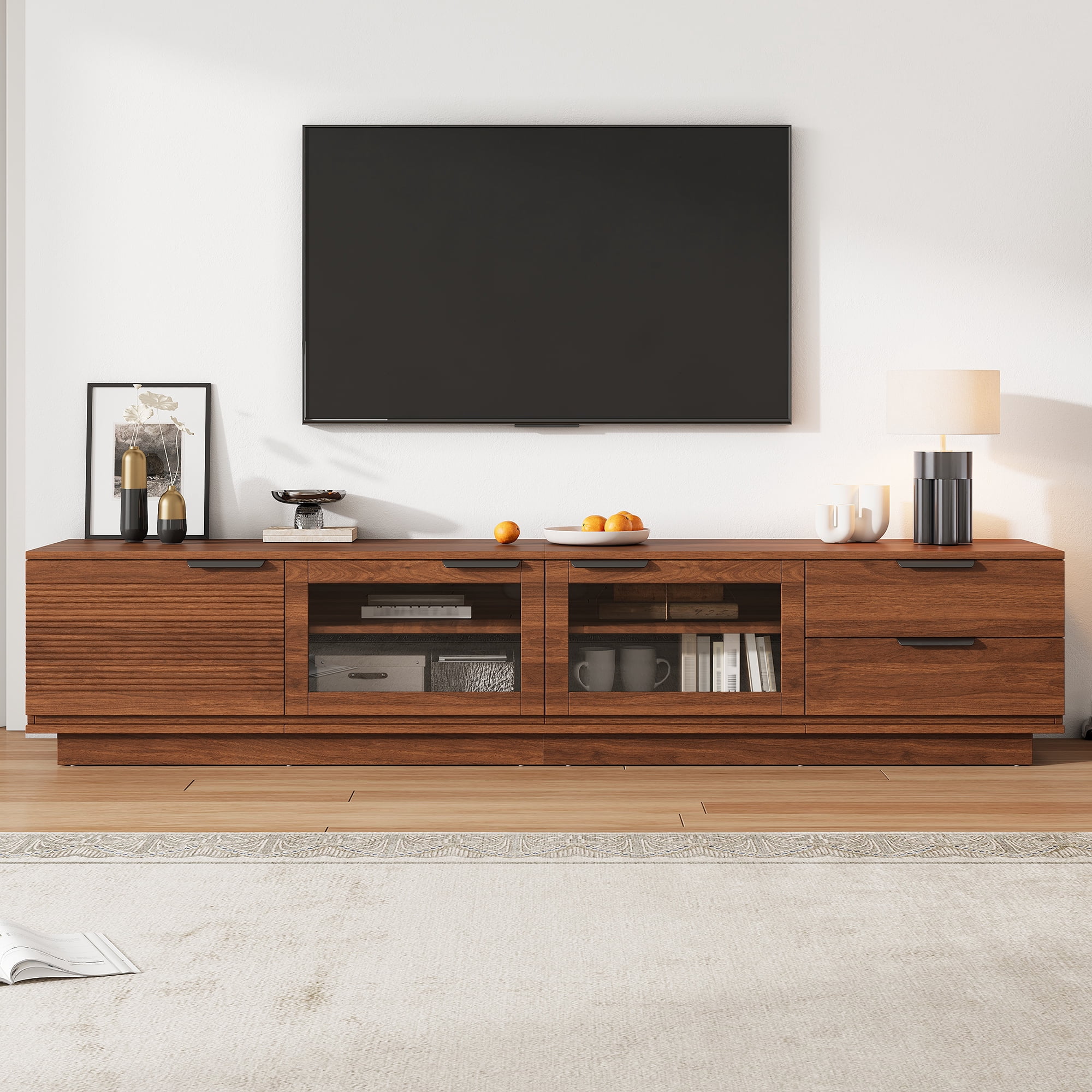 TV Stand for TVs up to 85 Inch, Entertainment Center with Glass Doors & 2 Drawers, Media Console with Soft-Close Hinges & Cable Management for Living Room