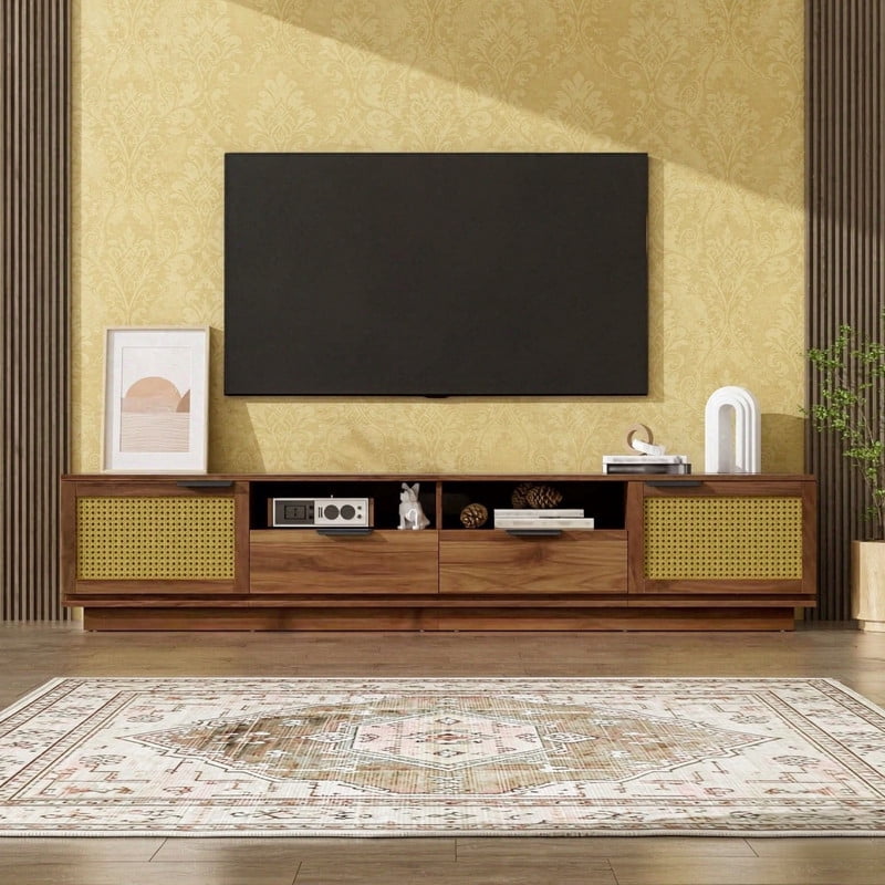 TV Stand Table for TVs Up to 85-in, Media Console Entertainment Center with Rattan Doors, Two Drawers and Open Shelving