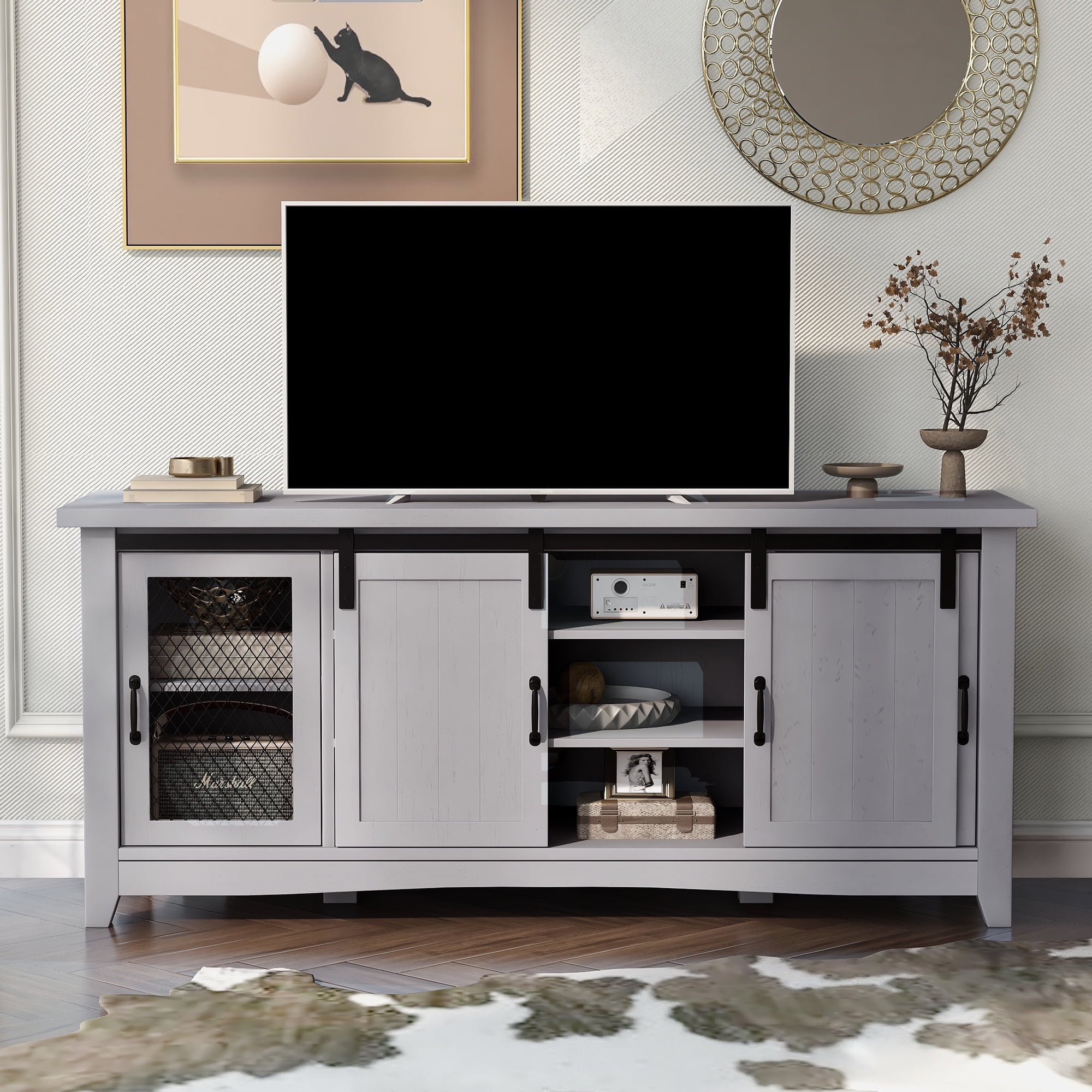 TV Stand for Tvs Up to 65in with 2 Barn Doors, Television Stands with