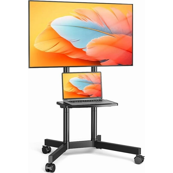 TV Stand with Upgraded Wheels for 32-75 Inch TVs, Height Adjustable Mobile TV Stand with Laptop Shelf, Mobile TV Cart with Heavy Duty Structure up to 88lbs for Living Room