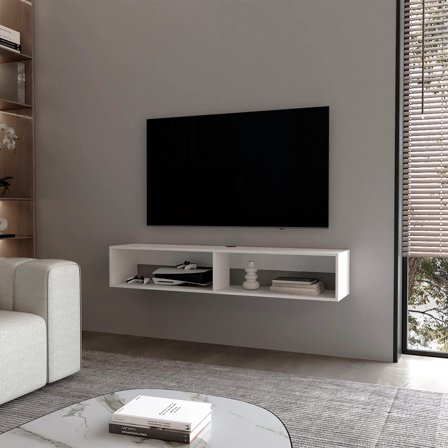 TV Stand, White 2-Shelf Central Floating Media Rack, Entertainment Center, Media Console,