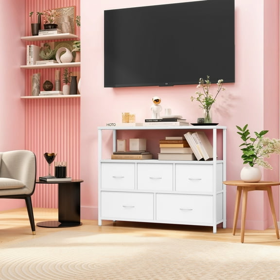 TV Stand, White Dresser for Bedroom, Entertainment Center for 45 Inch TV with Drawers, Fabric, Adjustable Feet, Living Room